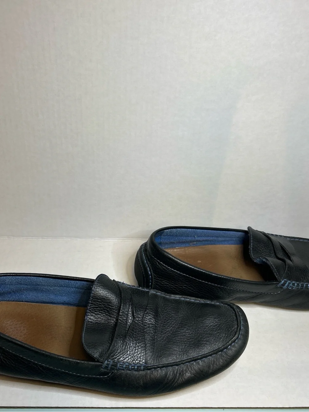 Donald J. Pliner Black Leather Penny Loafers with Blue Lining